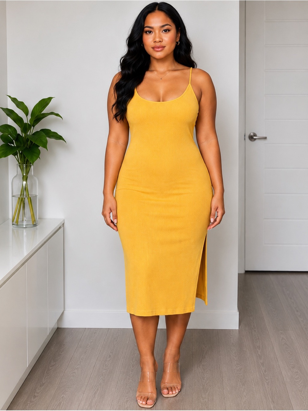 H&M Golden Honey Ribbed Open Back Midi Dress | Sleeveless Bodycon | Large